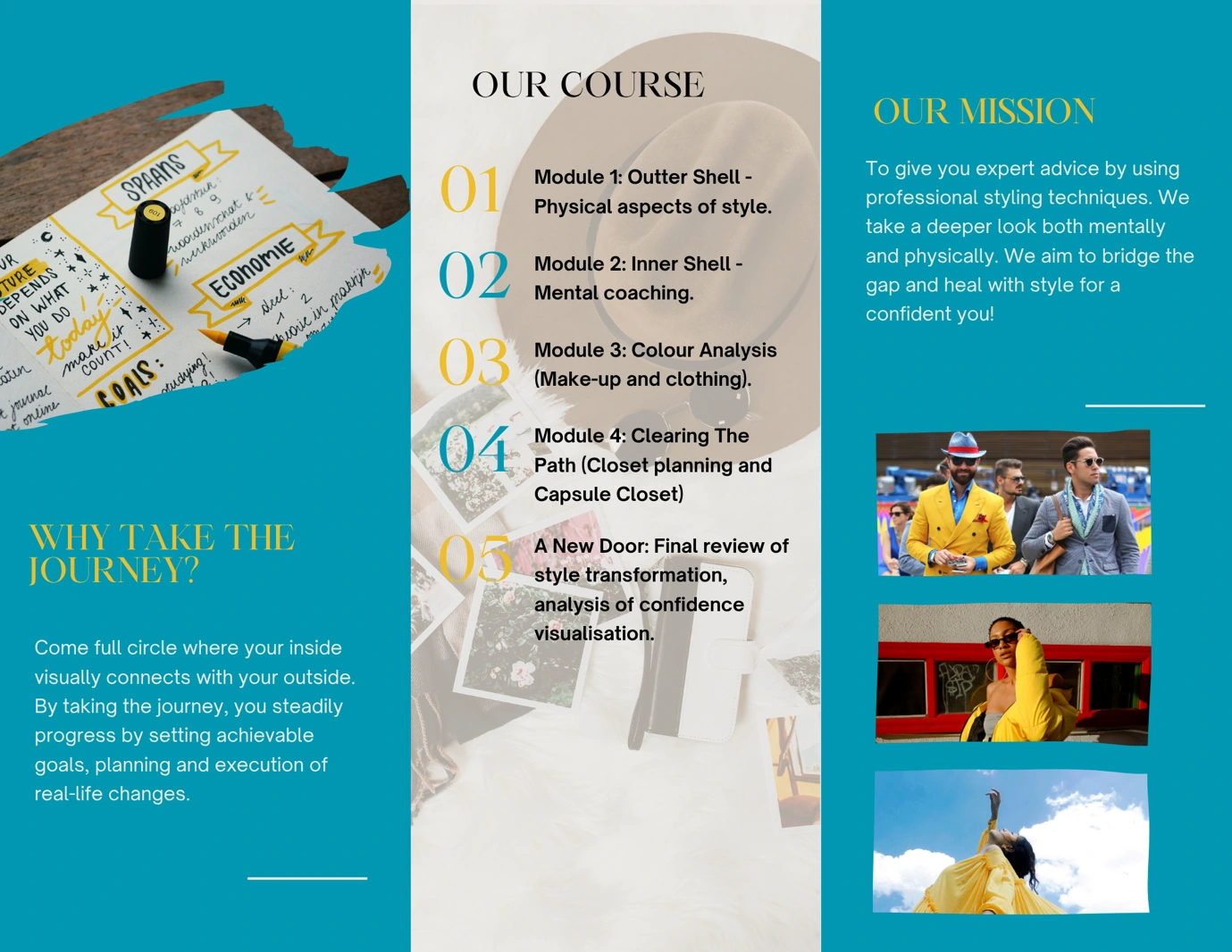 Original turquoise and yellow course brochure illustrating the five modules, mission and reasons for taking the journey described on this page.